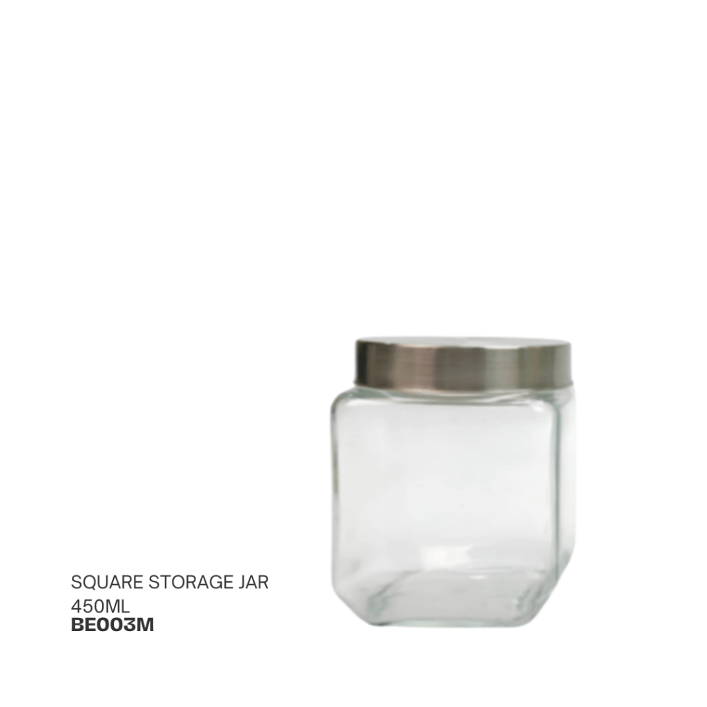 Clear square storage jar with a stainless steel lid, 450ml capacity.