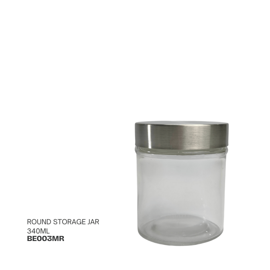 Clear round glass storage jar with a stainless steel lid, 340ml capacity.