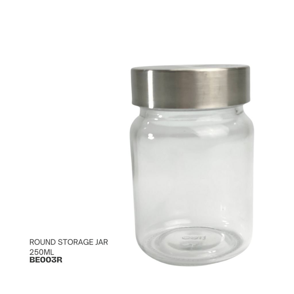 Clear round storage jar with a stainless steel lid, 250ml capacity.