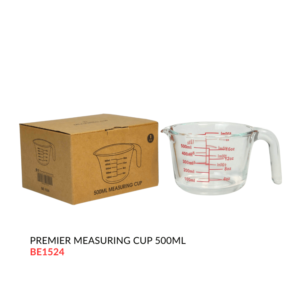 A clear glass measuring cup with a 500ml capacity, marked with red measurement lines for accurate liquid measurement, displayed alongside its brown cardboard packaging.
