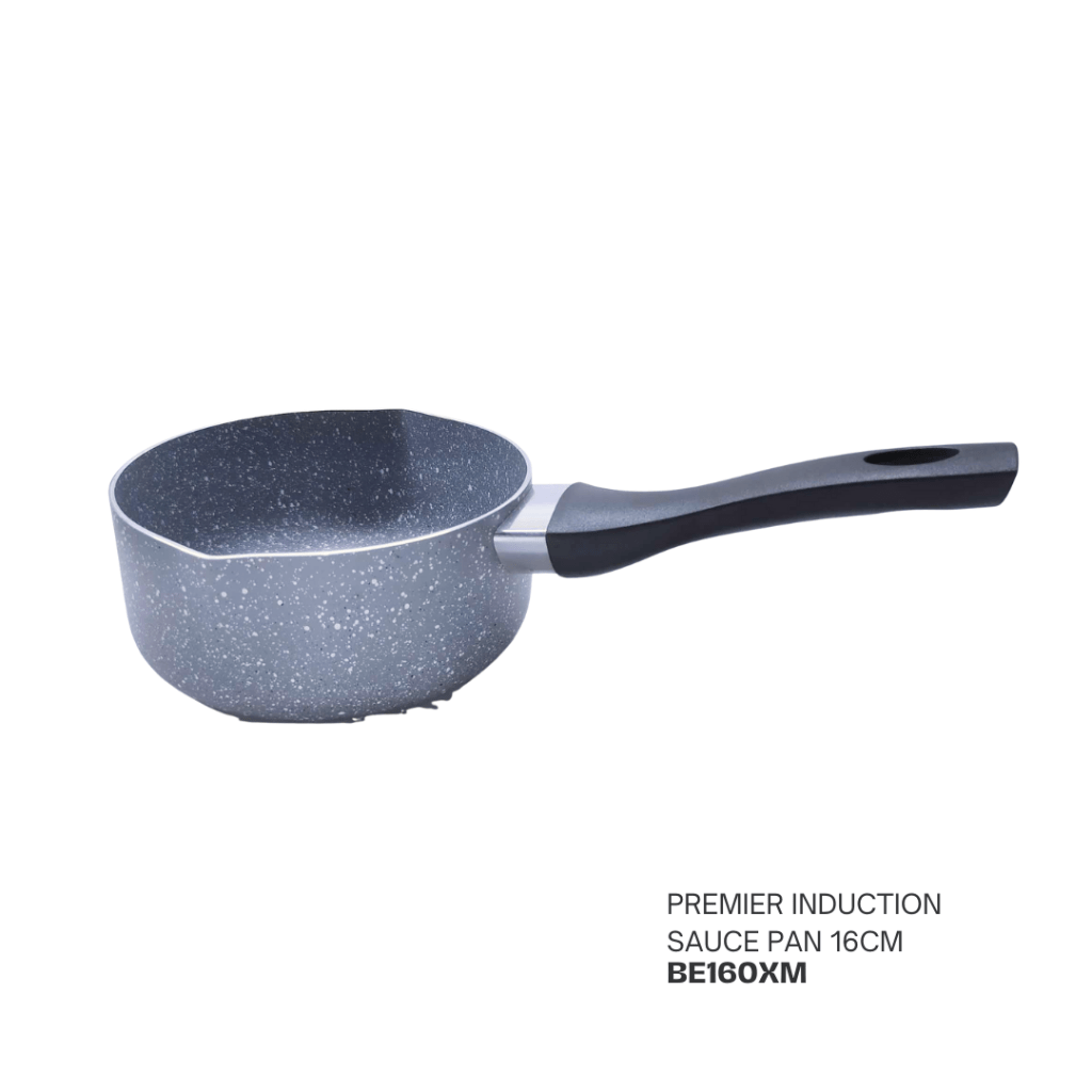 A 16cm Premier Induction sauce pan with a speckled gray design and a black handle.