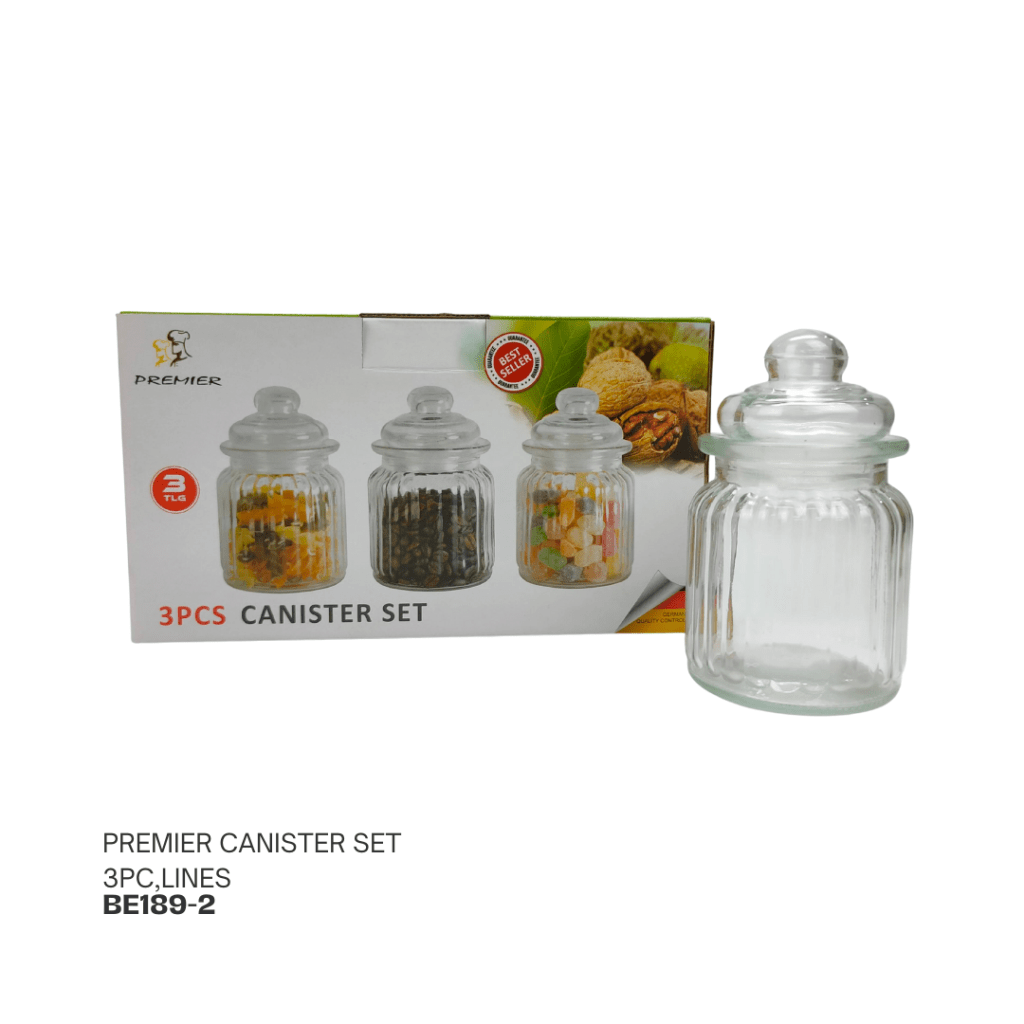 A three-piece canister set displayed in its packaging, featuring three glass jars of varying sizes. The jars have airtight lids and are shown with different contents, including dried fruits, nuts, and candies. The packaging emphasizes the set with a 'Best Seller' label.