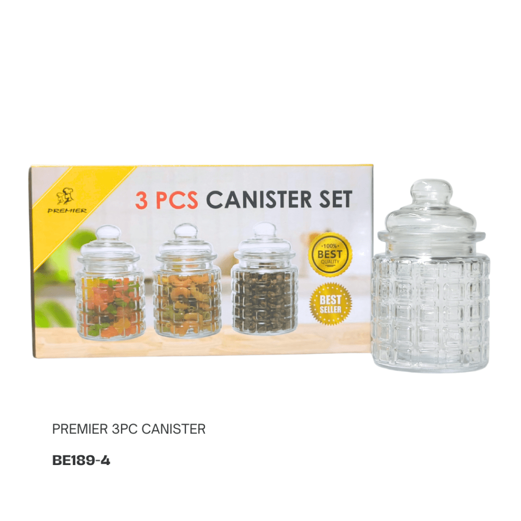 3-piece glass canister set with decorative lids displayed in a box, showcasing food storage options.