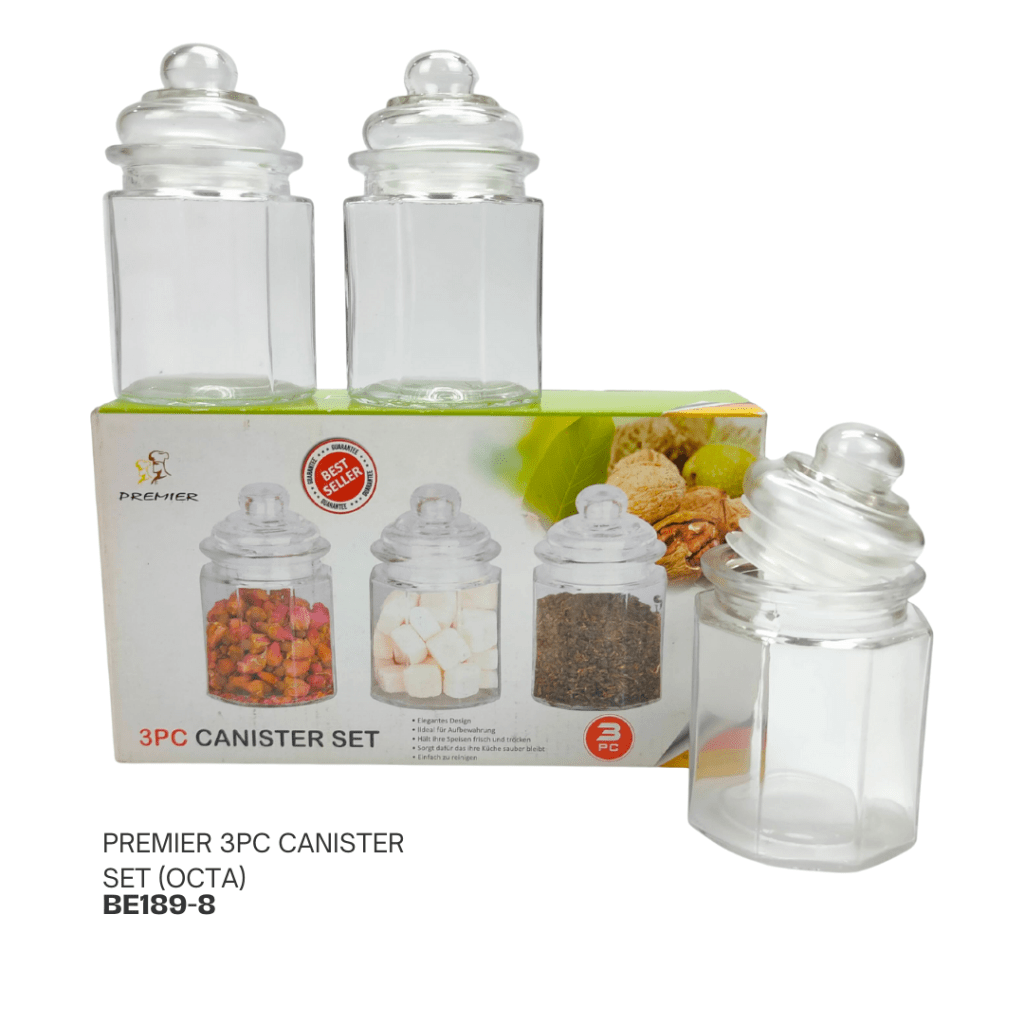 Three clear glass canisters with lids displayed in front of their packaging, labeled 'Premier 3PC Canister Set'.