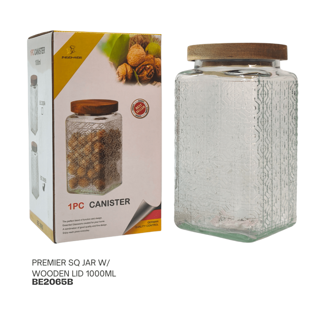 Square glass canister with a wooden lid, 1000ml capacity, featuring a textured design, displayed next to its packaging.