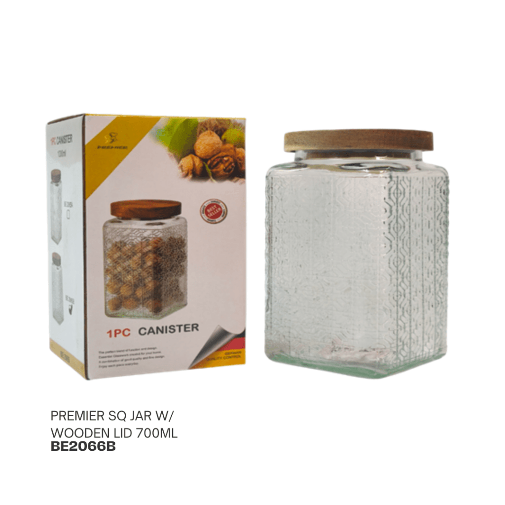 Glass canister with wooden lid, 700ml capacity, displayed alongside its packaging.