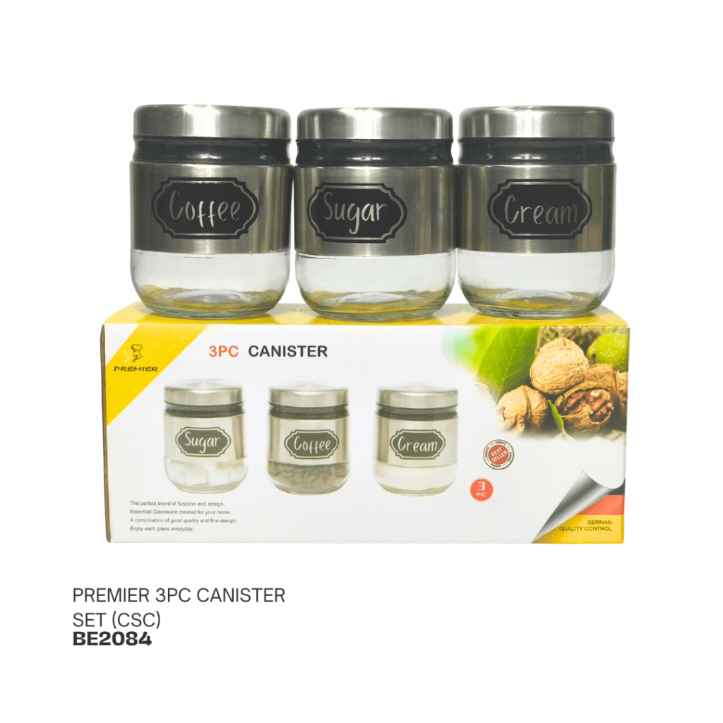 Set of three glass canisters labeled Coffee, Sugar, and Cream, with stainless steel lids, displayed in a packaging box.