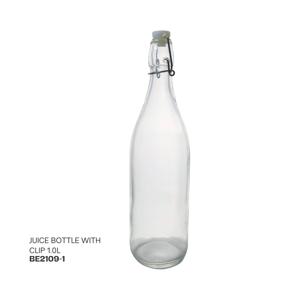 Clear glass juice bottle with a clip, 1.0 liter capacity.