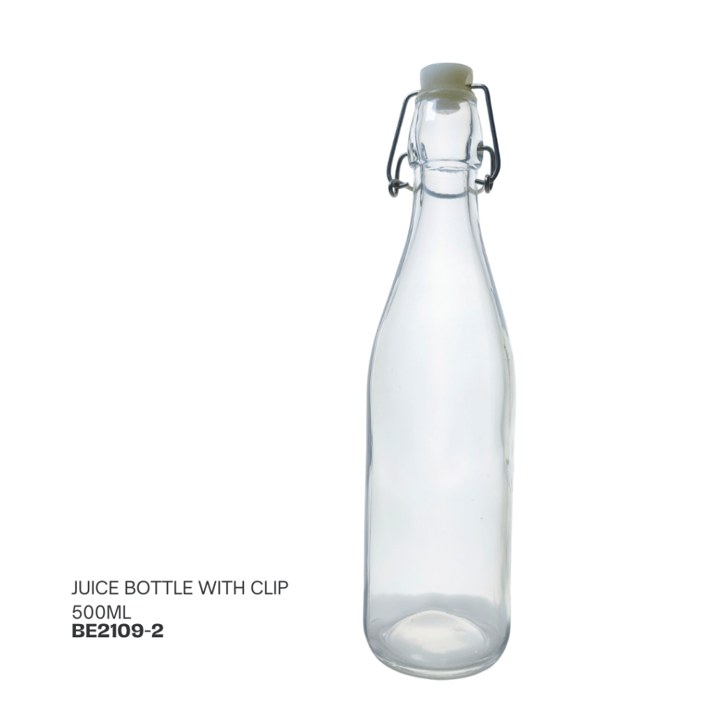 Clear glass juice bottle with a clip top, 500ml capacity.
