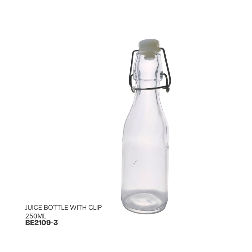 Clear glass juice bottle with a clip closure, 250ml capacity.