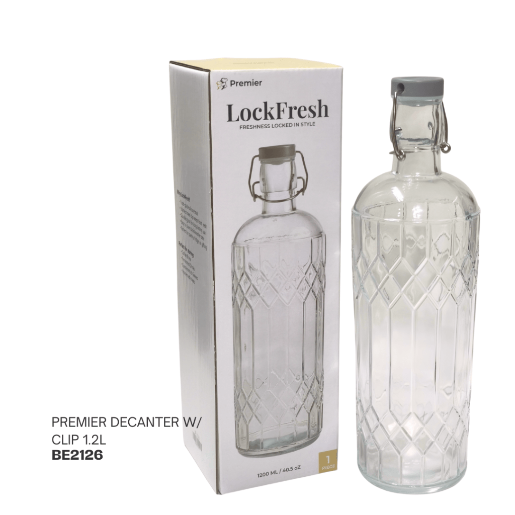 Premier LockFresh decanter with clip, 1.2L, displayed next to its packaging, featuring a diamond pattern design.