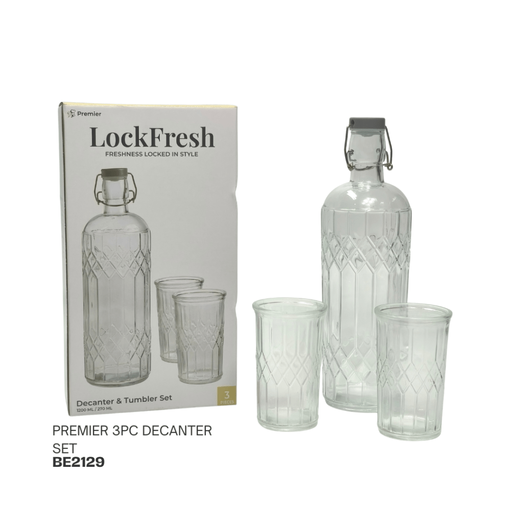 Premier 3-piece decanter and tumbler set featuring a stylish glass decanter with a locking lid and two matching tumblers, presented in its packaging.