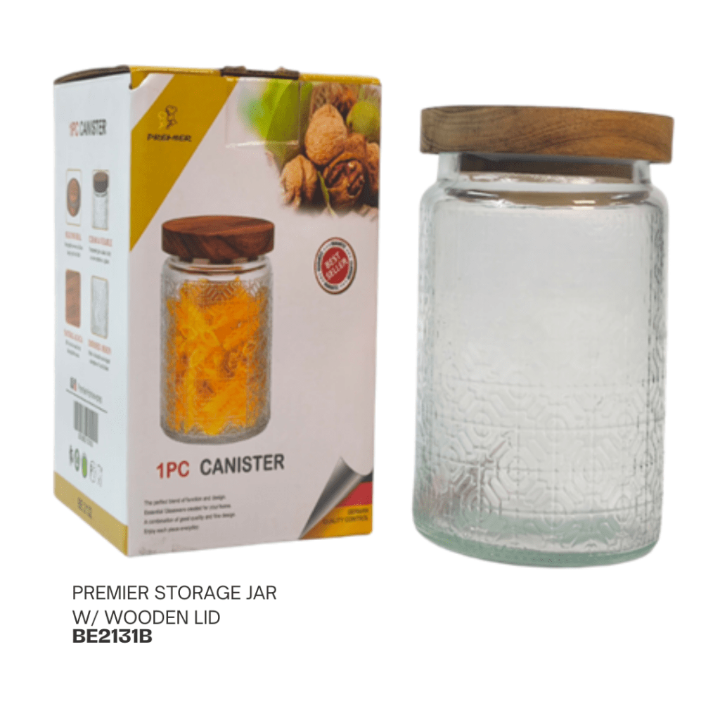 Glass storage jar with a wooden lid, placed beside its packaging, showcasing a canister for organizing food or household items.