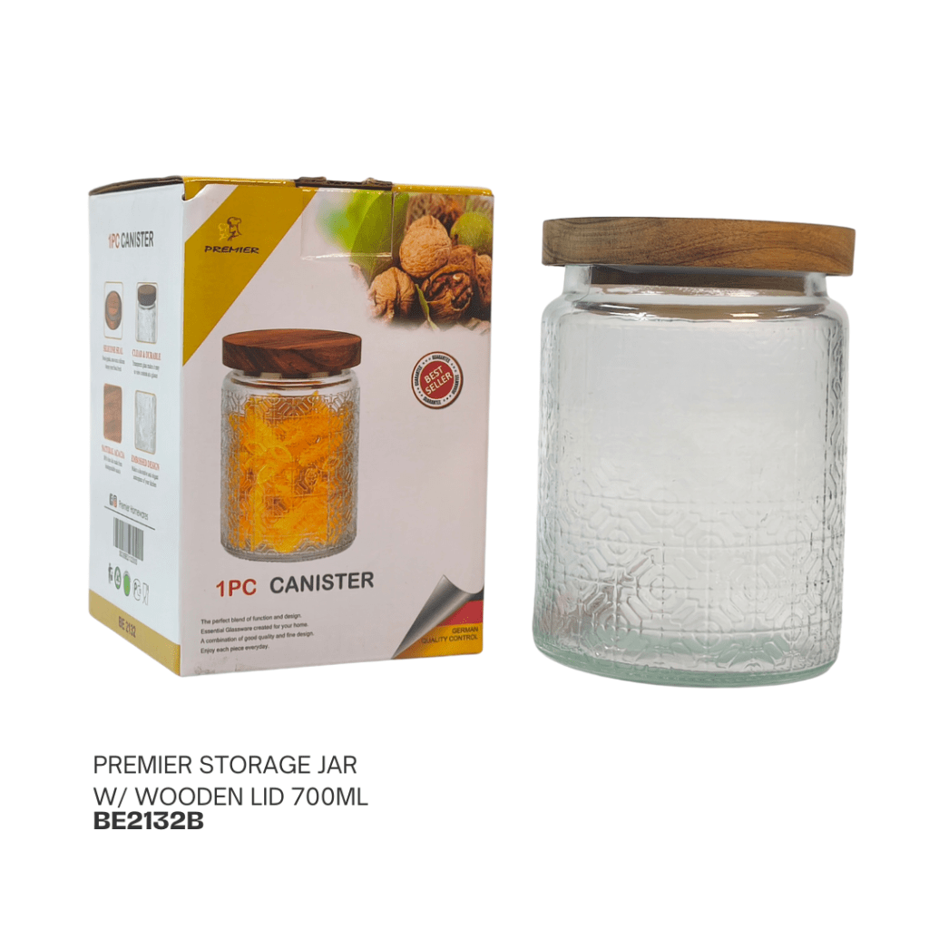 A premier storage jar with a wooden lid, holding 700ml capacity, displayed alongside its packaging featuring product details and images.