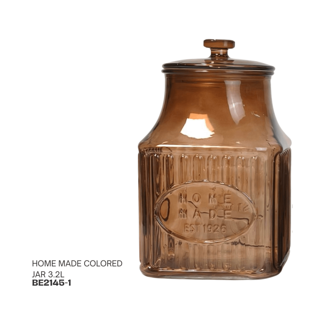 A 3.2-liter brown glass jar with a ribbed design and a lid, labeled 'HOME MADE EST 1926'.