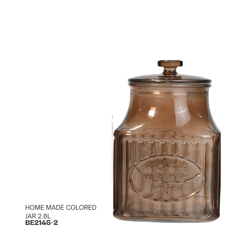 Brown glass jar with a lid, labeled 'HOME MADE EST. 1926', 2.8L capacity.