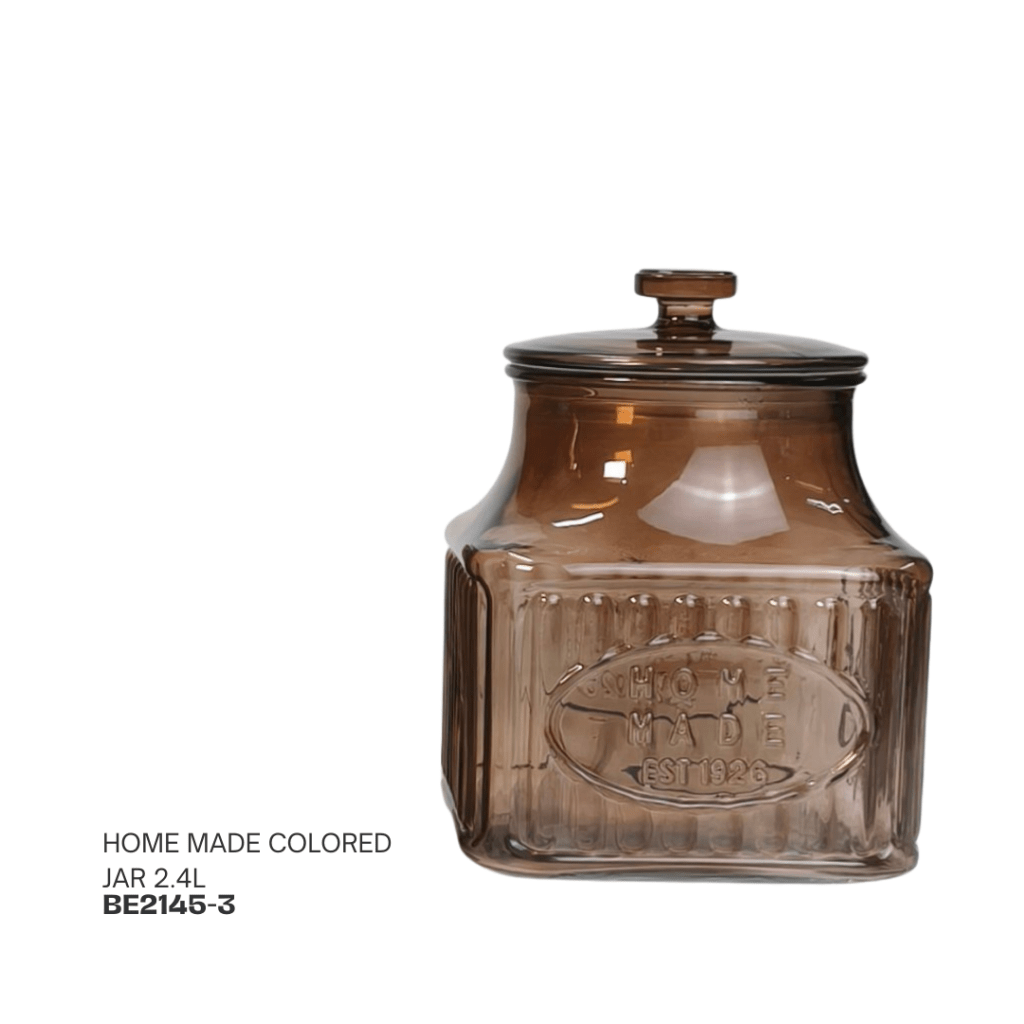 A 2.4L brown colored glass jar with a lid, featuring a textured design and the words 'Home Made' and 'EST 1926' embossed on the front.