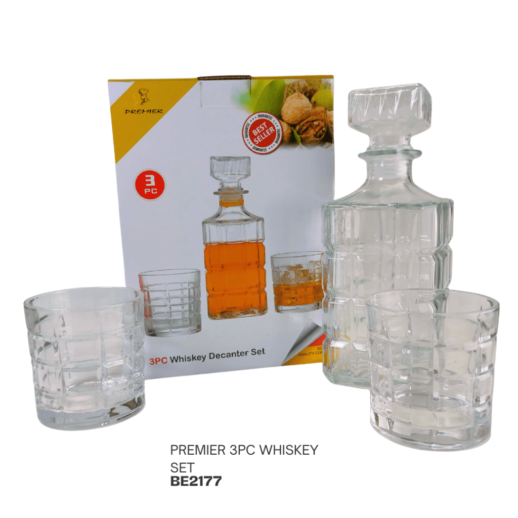 3-piece whiskey decanter set featuring a glass decanter and two matching glasses, displayed with its packaging.