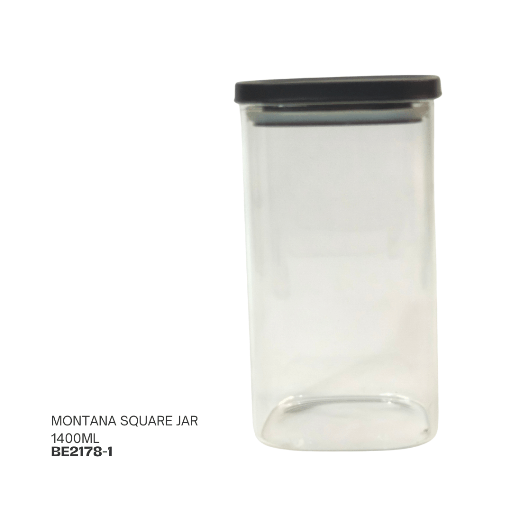 Clear square jar with a black lid, labeled 'Montana Square Jar 1400ML BE2178-1'.