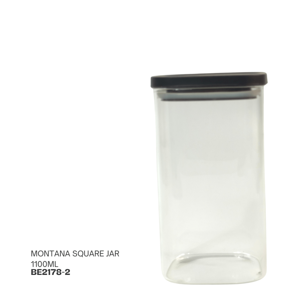 Montana square jar, 1100ml, with a black lid.