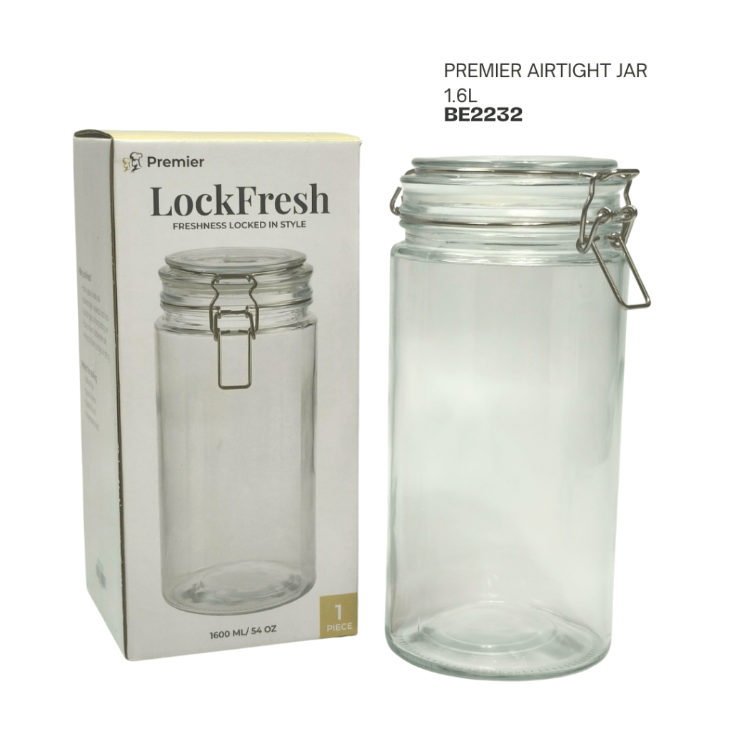 Clear glass airtight jar with metal latch, next to its packaging, labeled 'Premier LockFresh 1.6L'.