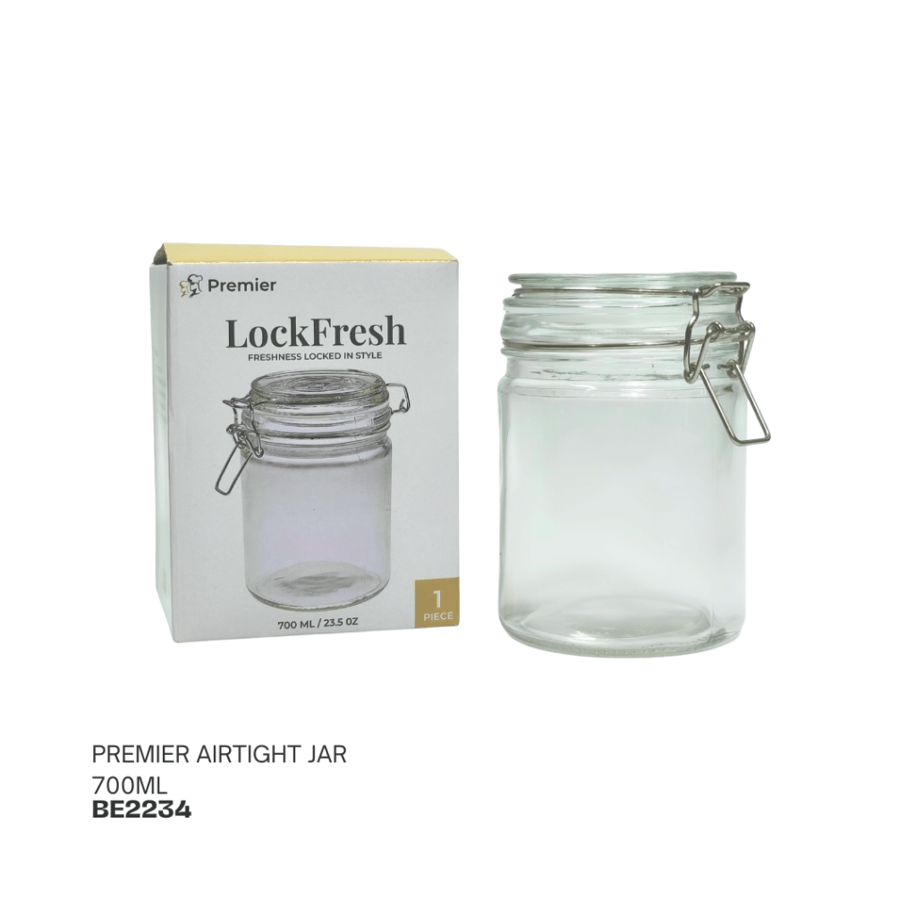 A Premier LockFresh airtight jar, 700ml, next to its packaging showcasing the product.