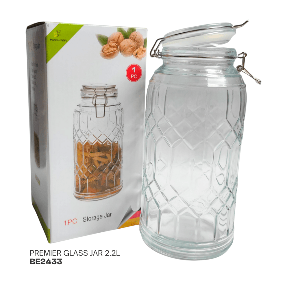 A 2.2L premier glass storage jar with a diamond pattern, shown next to its packaging.