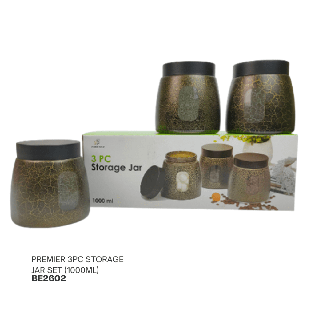 Three-piece storage jar set with decorative crackled design and black lids, accompanied by a packaging box labeled '3 PC Storage Jar (1000 ml)'.