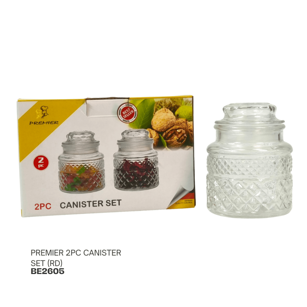 Premier 2-piece canister set displayed with one clear canister on the right and a packaging box featuring two decorative canisters on the left.