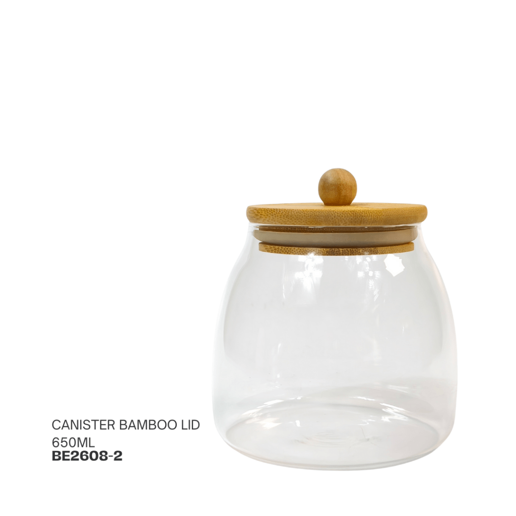 Clear glass canister with a bamboo lid, 650ml capacity.