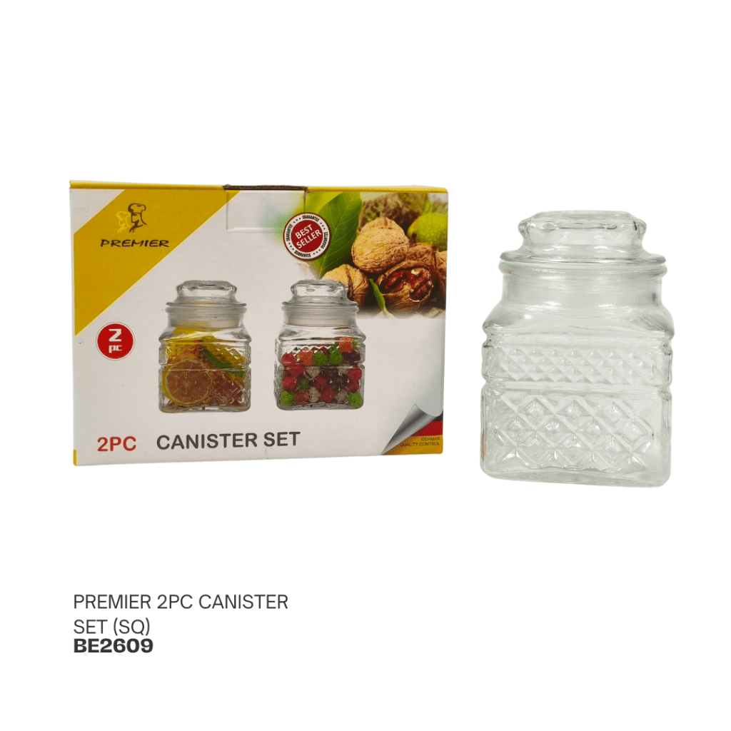 Premier 2-piece glass canister set displayed next to its packaging, featuring decorative jars suitable for storage.