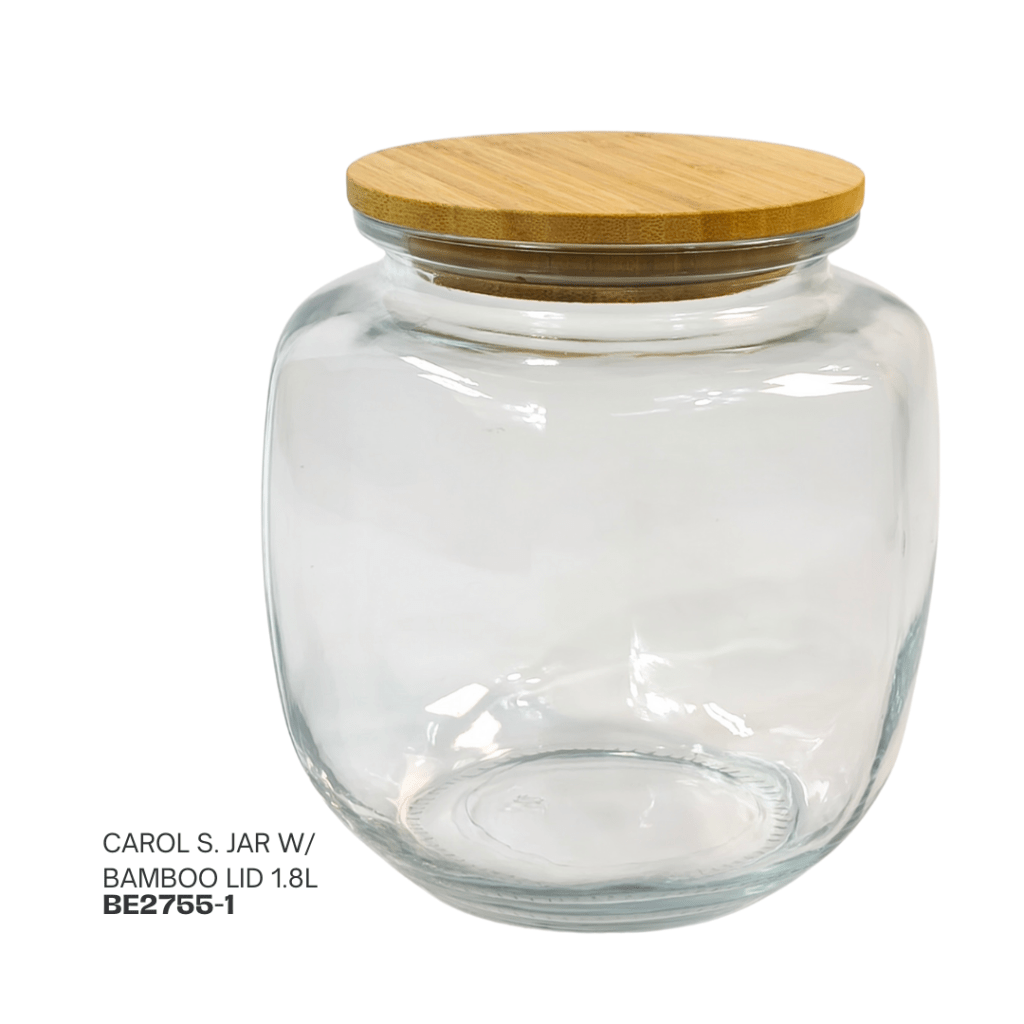 A clear glass jar with a bamboo lid, labeled 'Carol S. Jar with Bamboo Lid 1.8L'.