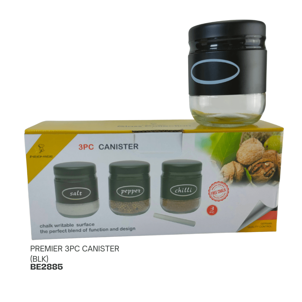 Image of a 3-piece canister set with labels for salt, pepper, and chilli, featuring a chalk writable surface and packaged in a decorative box.
