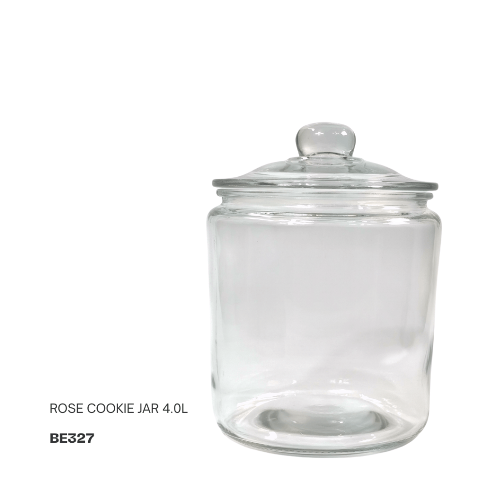 Transparent glass cookie jar with a lid, labeled 'Rose Cookie Jar 4.0L'.