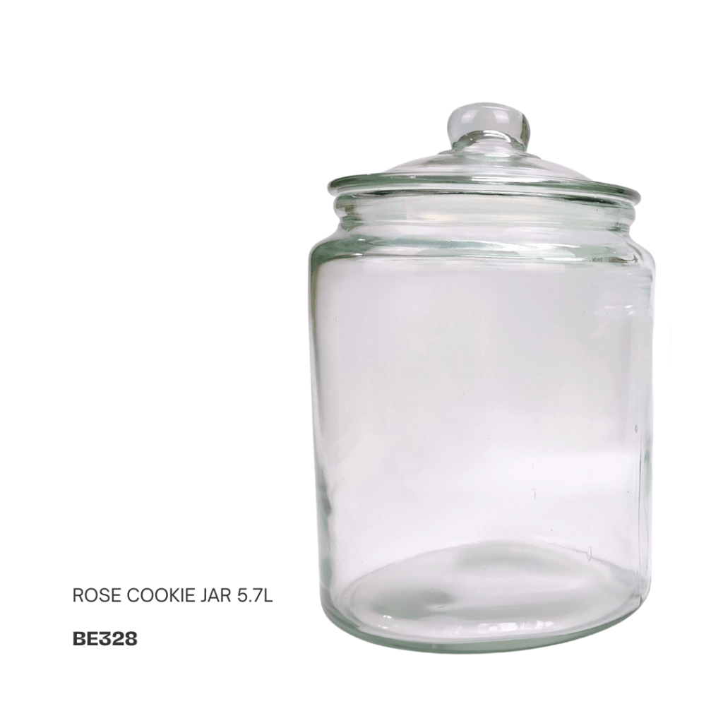 Clear glass cookie jar with a lid, labeled 'Rose Cookie Jar 5.7L', model BE328.