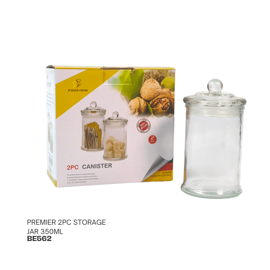 Image of a Premier 2-piece storage canister set, 350ml, with one clear glass jar displayed next to its packaging featuring illustrations of the jars.