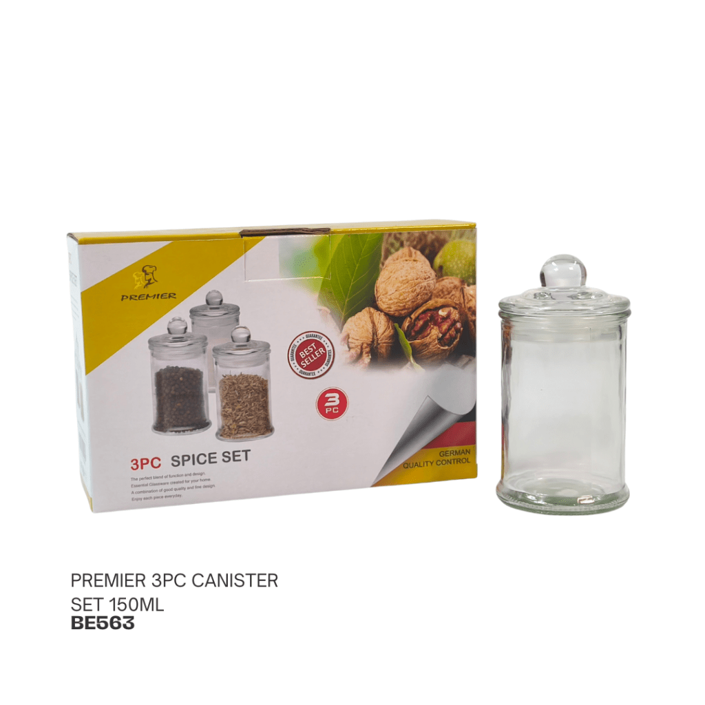 Premier 3-piece spice canister set, 150ml, featuring a clear glass canister with a lid, displayed alongside its packaging.