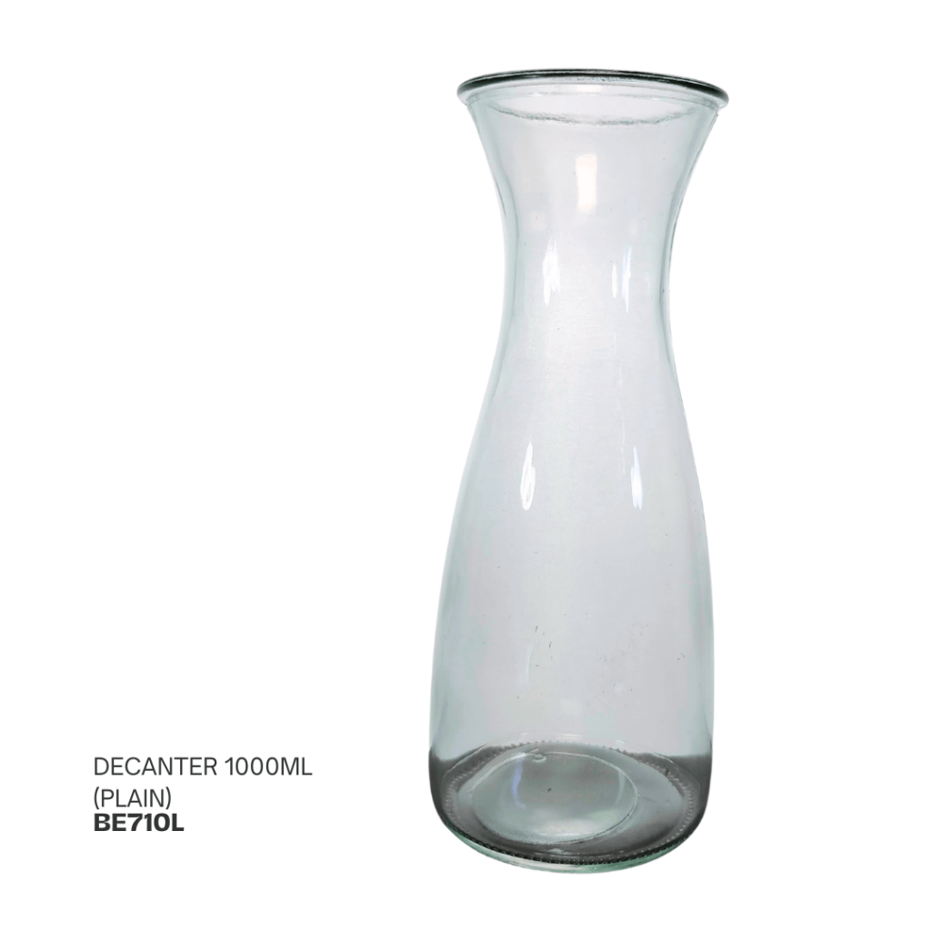 Transparent glass decanter with a capacity of 1000ml, featuring a plain design.