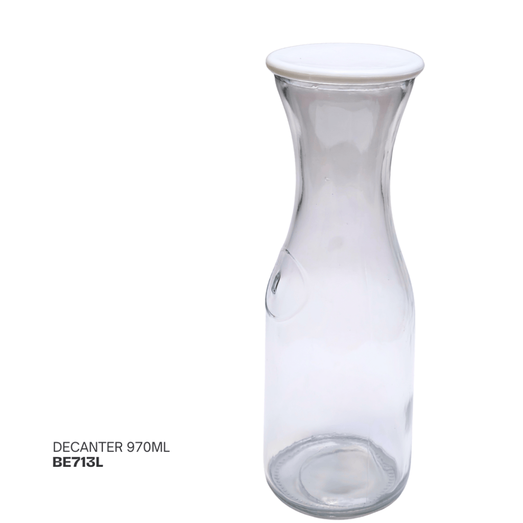 Clear glass decanter with a white lid, holding 970ml, featuring a smooth, curved shape.