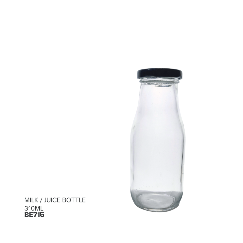 Clear glass milk or juice bottle with a black cap, 310ml capacity.