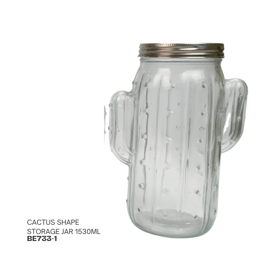 Cactus-shaped glass storage jar with a capacity of 1530ml and a metal lid.