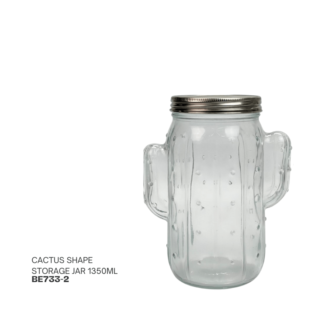 Cactus-shaped glass storage jar with a silver lid, capacity 1350ml.