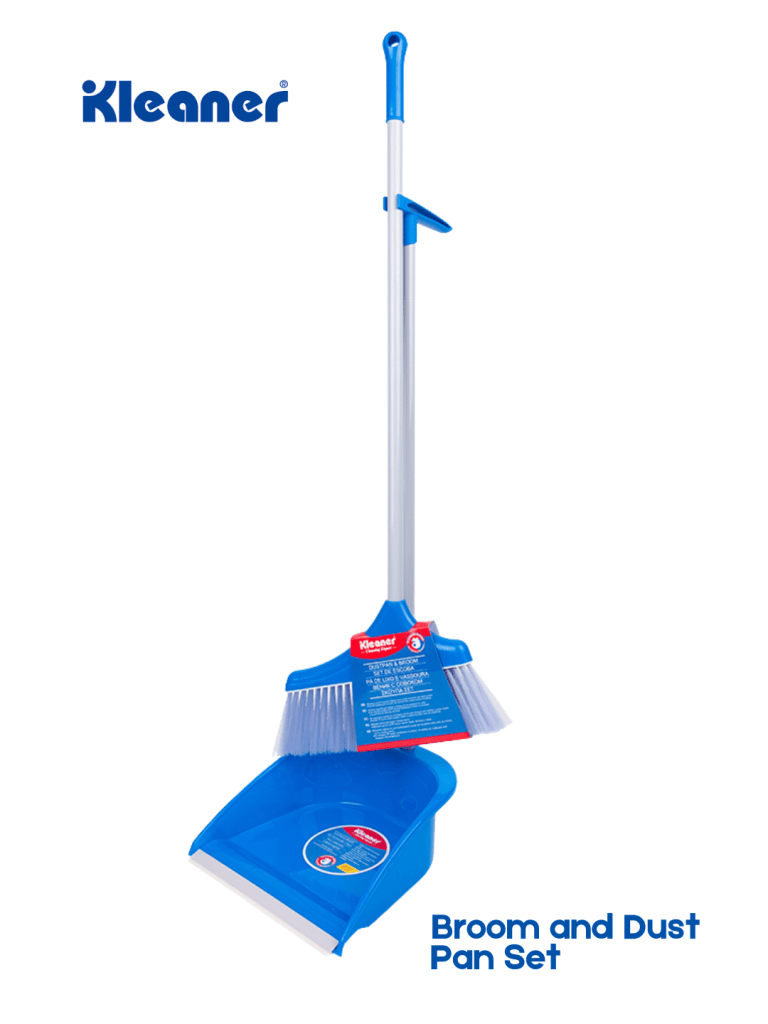 Kleaner broom and dust pan set featuring a blue broom with a white bristle head and a matching blue dust pan.
