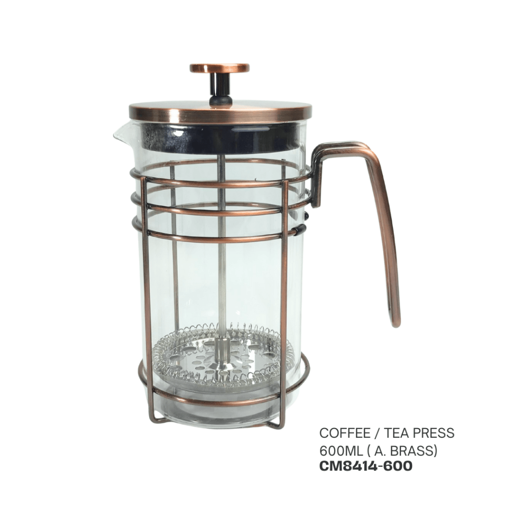 A 600ml glass coffee and tea press with a brass finish lid and handle, featuring a metal frame.