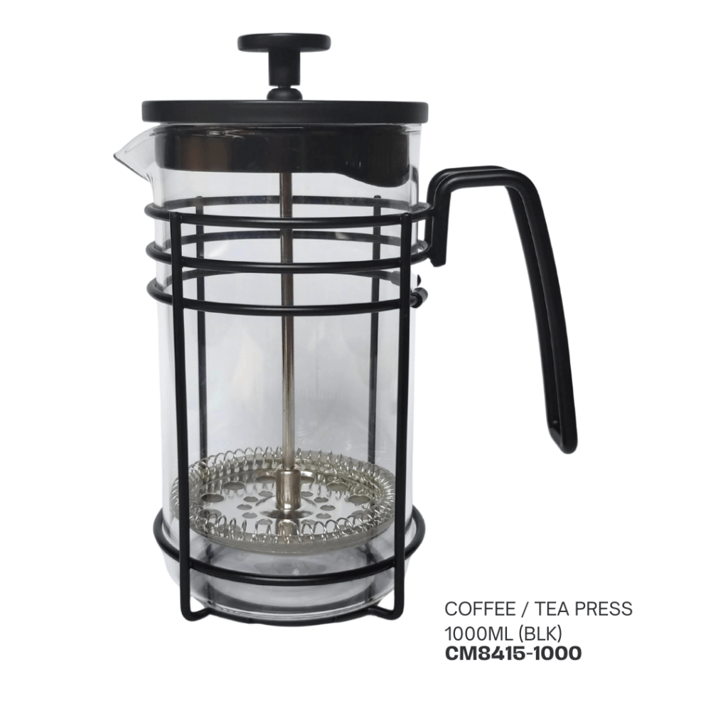 A black coffee and tea press with a transparent glass body, a sturdy handle, and a metal plunger inside. The press has a capacity of 1000ml.
