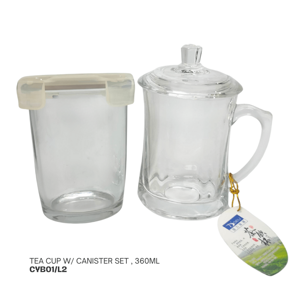 A transparent glass tea cup with a handle and a matching canister, labeled as a 360ml tea cup and canister set.