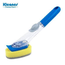 A cleaning tool featuring a blue handle and a yellow sponge head with a transparent compartment for liquid detergent.