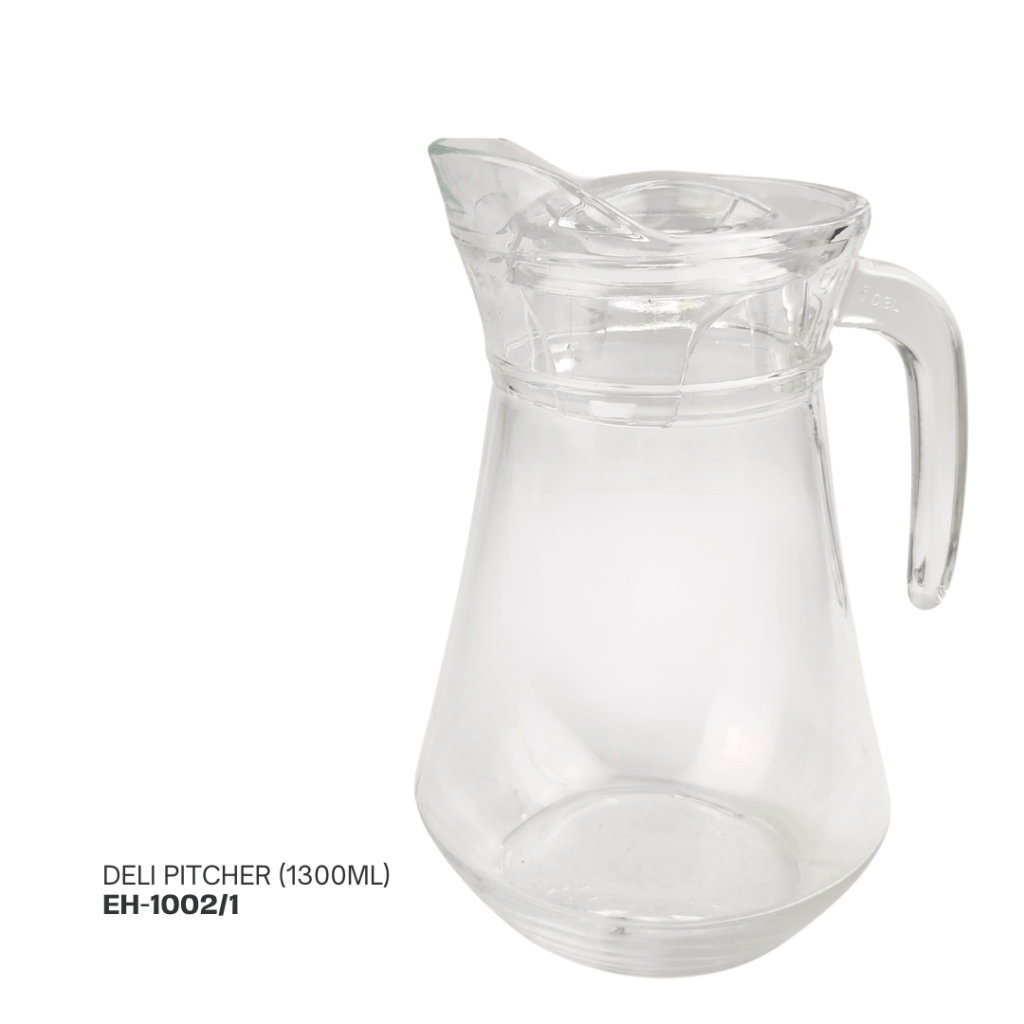 Clear glass deli pitcher with a handle, capacity 1300ml.
