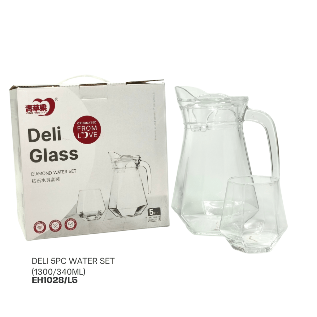 A Deli glass diamond water set featuring a clear glass pitcher and a glass, presented with packaging that displays the brand name and product details.