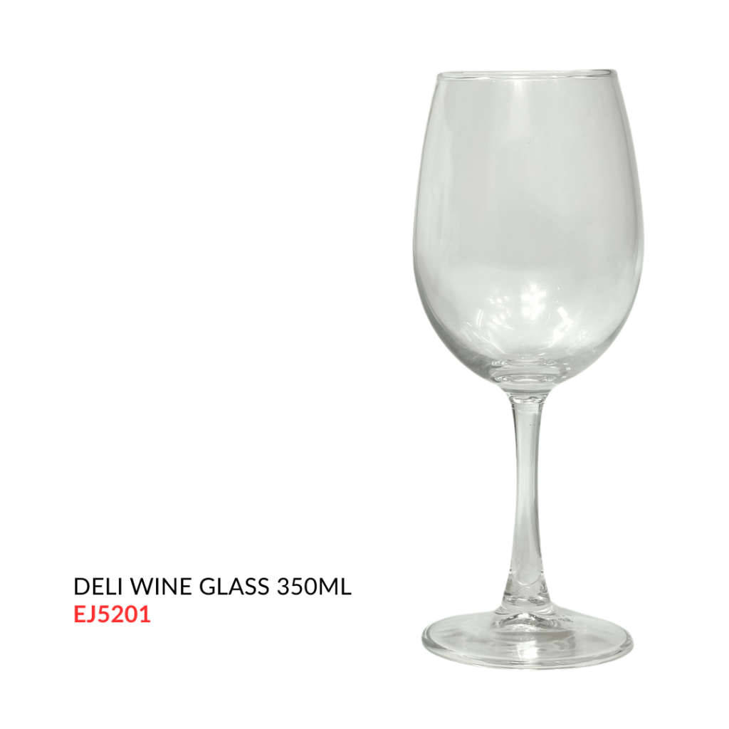 Clear 350ml wine glass with a stem, labeled 'DELI WINE GLASS 350ML EJ5201'.
